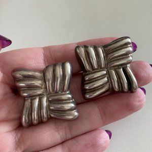 Vintage Sterling Silver Ribbed Bow Earrings